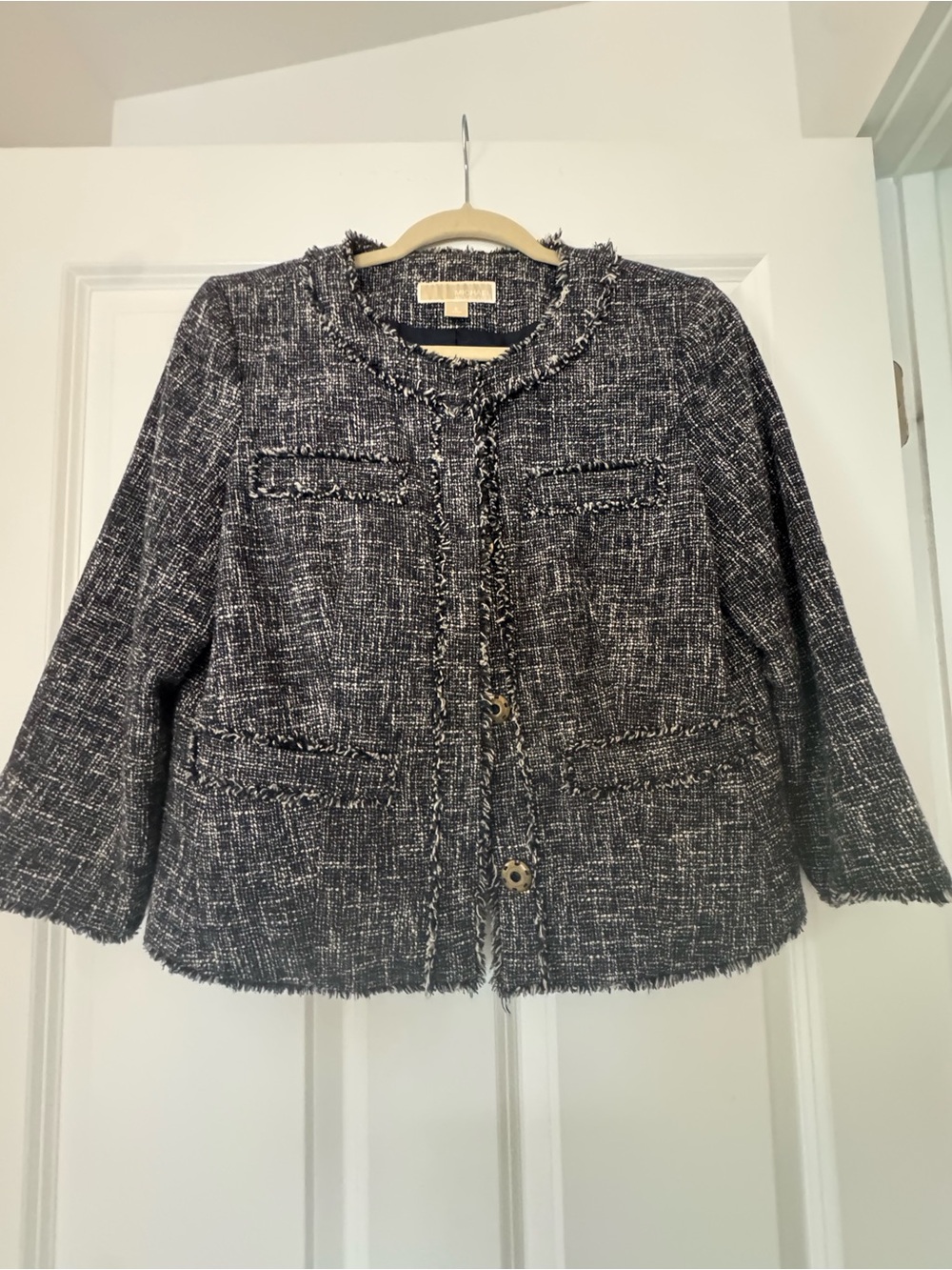 Michael Kors Navy  and White Tweed Frayed-Trim Jacket